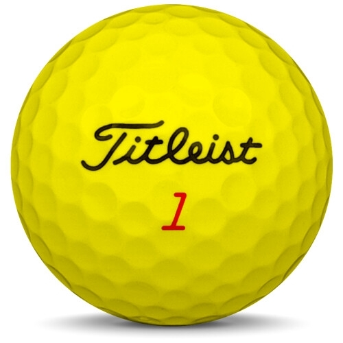 Golfboll av modellen Titleist DT Trusoft i 2019 års version med gul färg framifrån