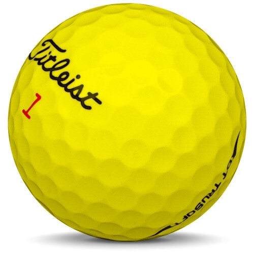 Golfboll av modellen Titleist DT Trusoft i 2019 års version med gul färg sned bild