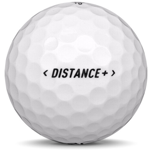 Golfboll av modellen TaylorMade Distance+ i 2018 års version med vit färg från sidan